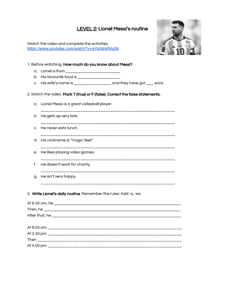 Messi's Daily Routine Worksheet | PDF | Social Science