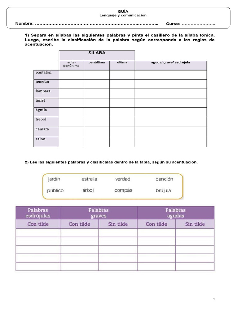 Clasificación y Acentuación de Palabras | PDF | Artes del Lenguaje y ...