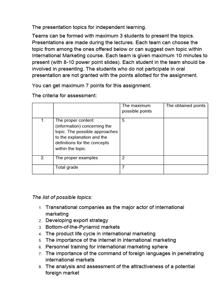 Topics For Independent Learning and Presenting 2024 | PDF | Marketing ...