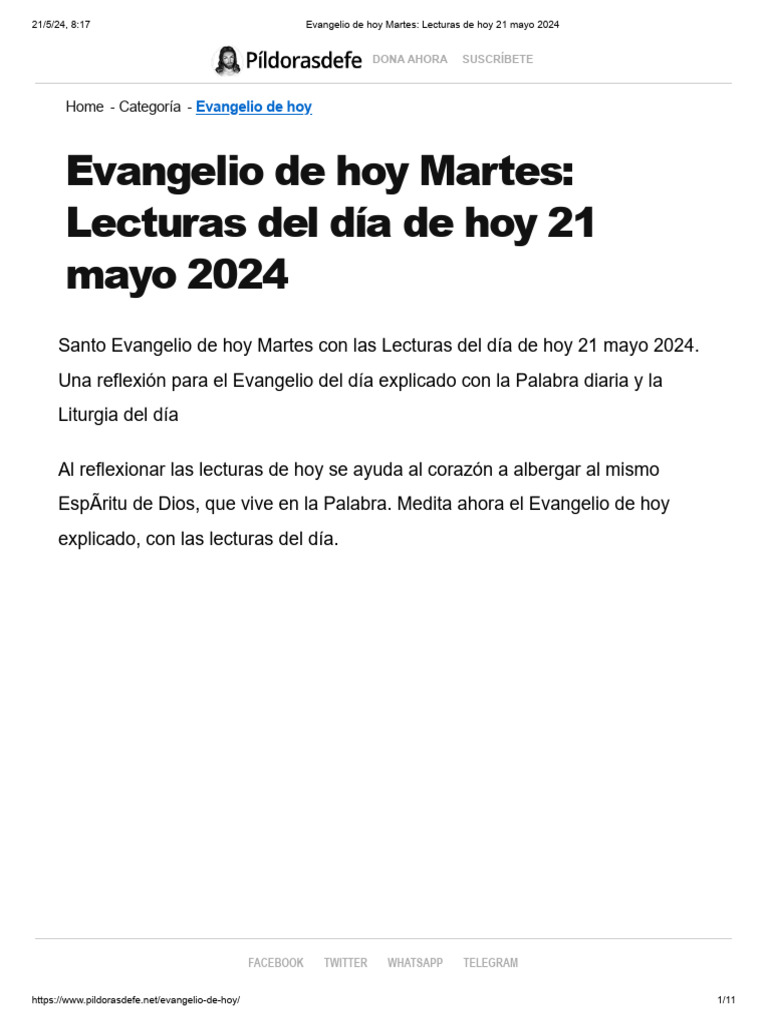 Evangelio de Hoy Martes - Lecturas de Hoy 21 Mayo 2024 | PDF ...