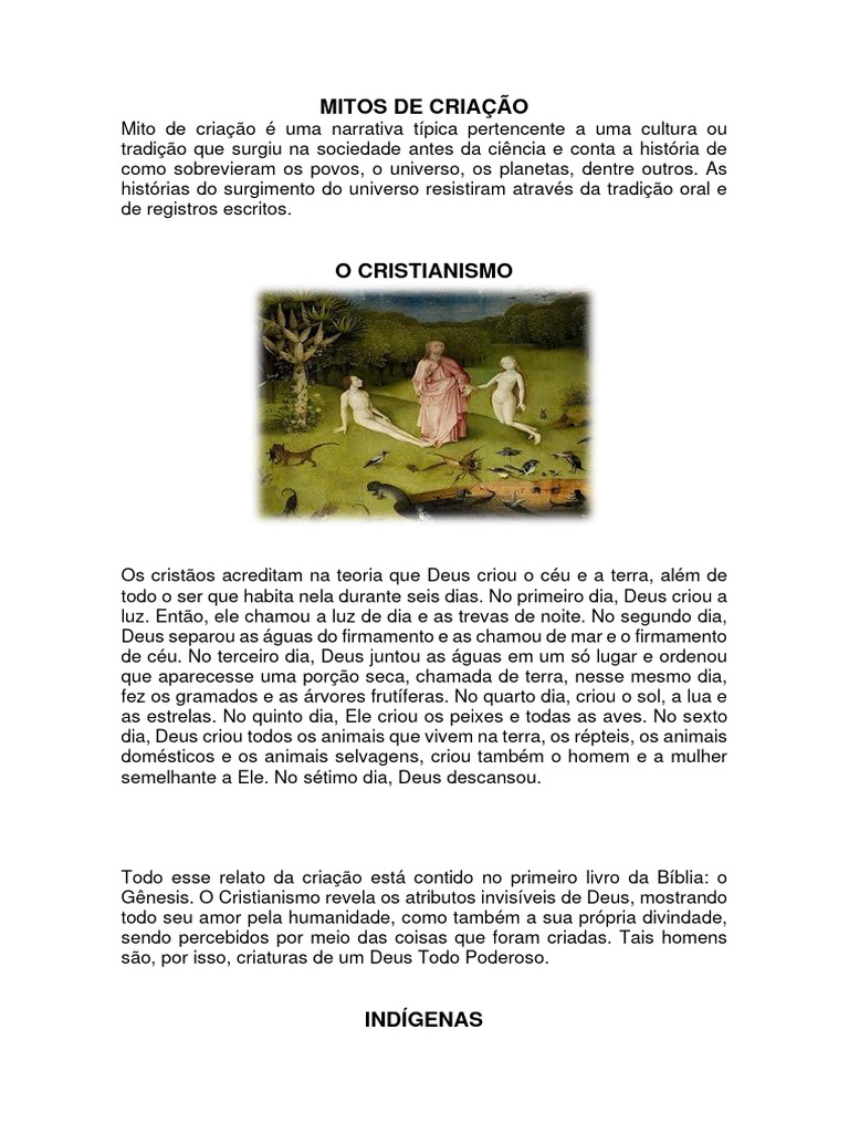 Mitos de Criação: Cristianismo e Indígenas | PDF