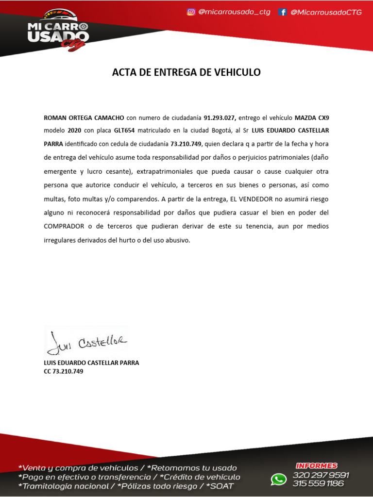 Formato acta de entrega de vehiculo pdf