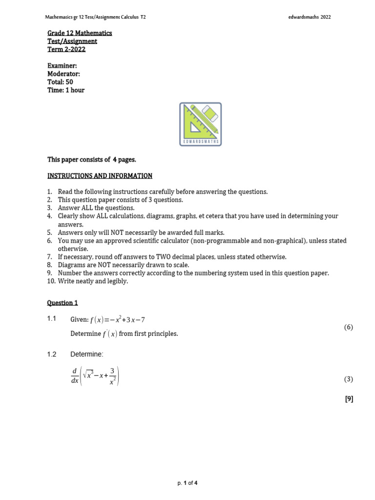 GR 12 Edwardsmaths Test Or Assignment Calculus T2 2022 Eng PDF 