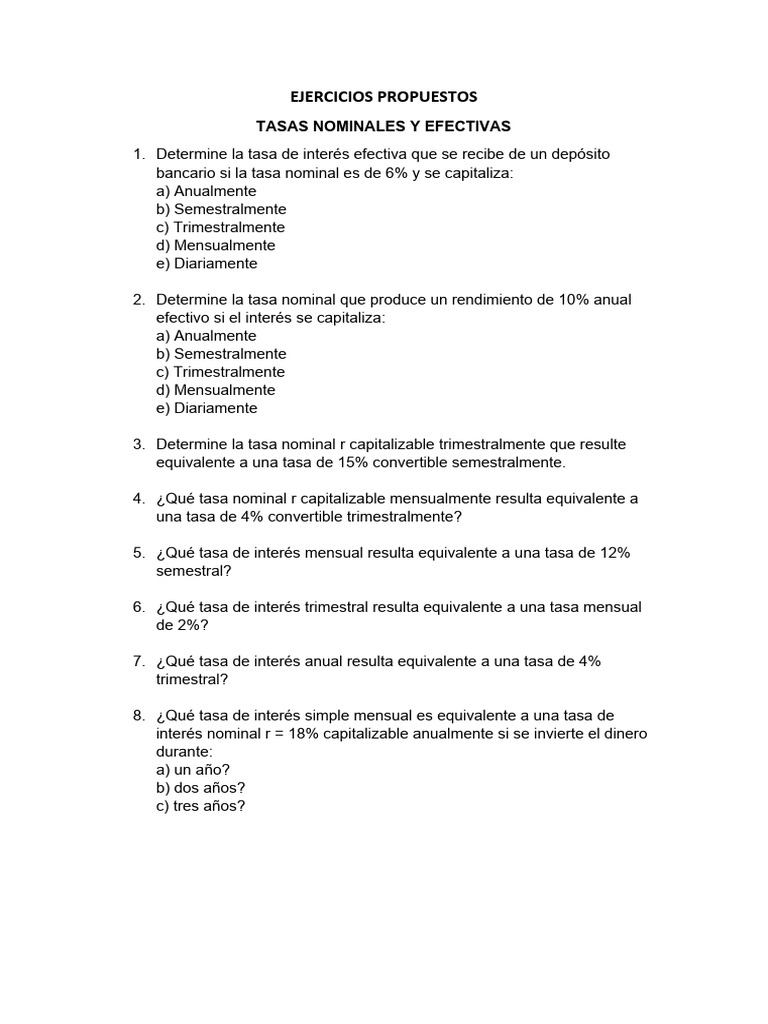Ejercicios Adicionales Sobre Tasa Nominal y Compuesta | PDF | Negocios