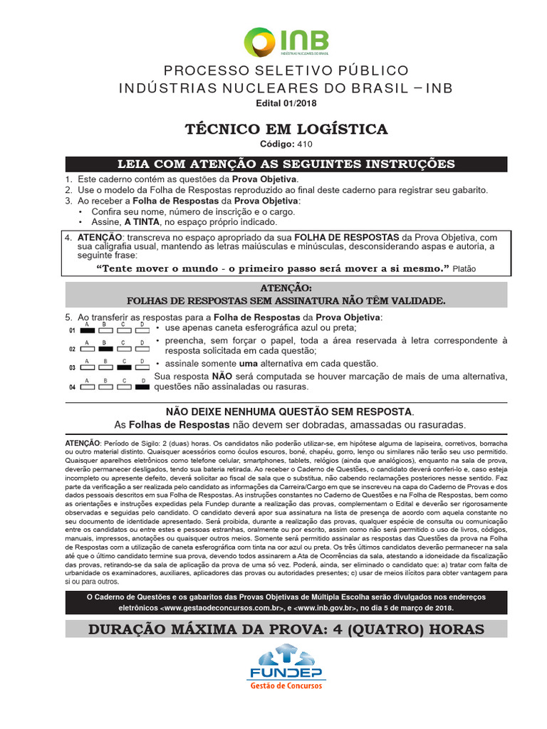 Prova Objetiva: Técnico em Logística INB | PDF | Liberdade ...