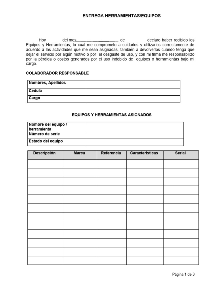 Protocolo de Entrega de Equipos y Herramientas | PDF