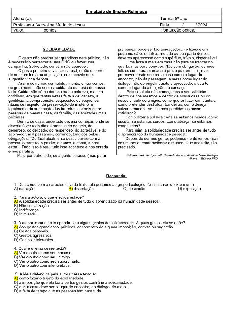 Simulado de Ensino Religioso 6º Ano | PDF | Natureza humana