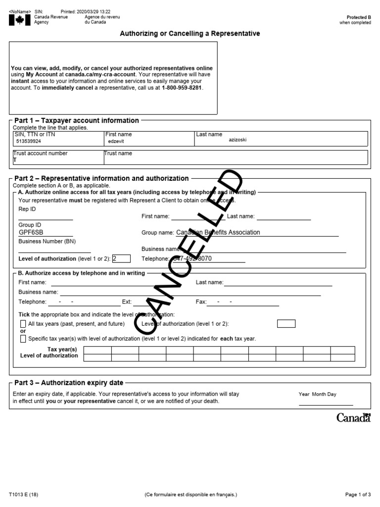 CRA Representative Authorization Form | PDF | Taxes | Payments