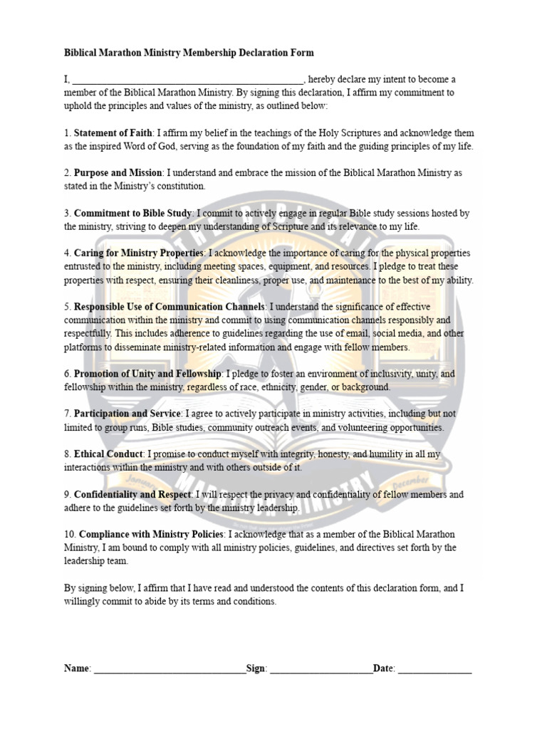 Biblical Marathon Ministry Membership Declaration Form | PDF | Bible