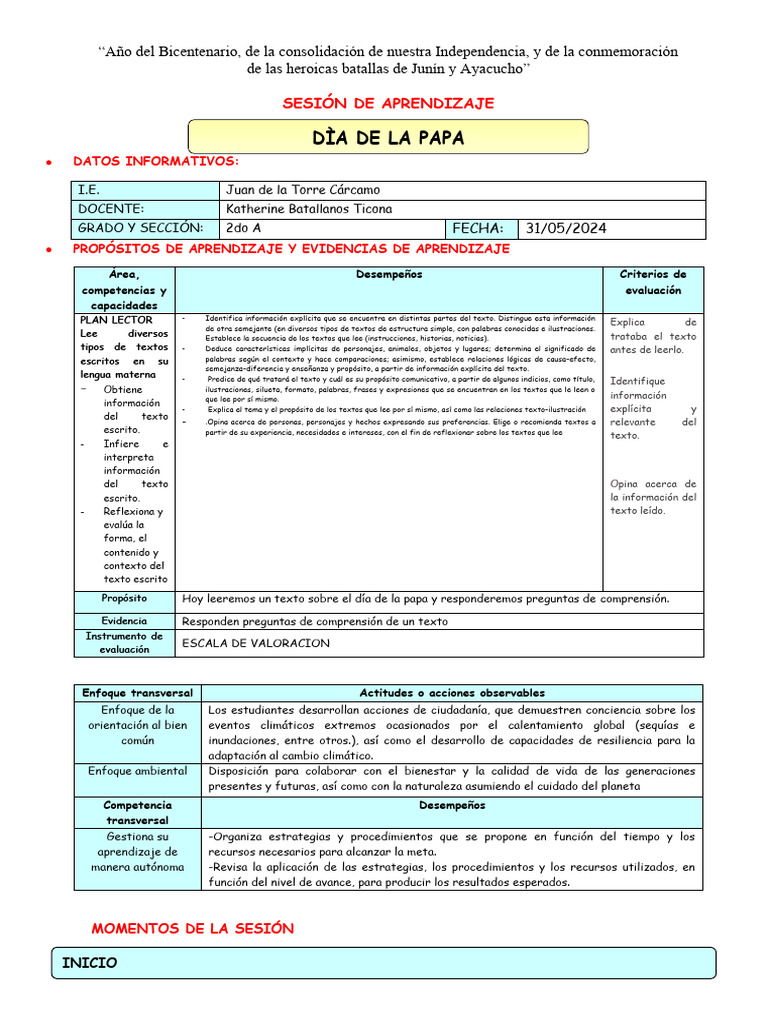 Plan Lectord4sesión de Aprendizaje | PDF | Aprendizaje | Evaluación