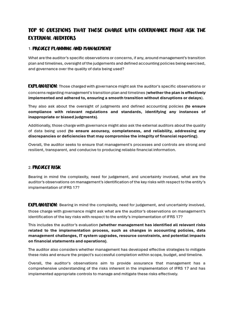 Top 10 Governance Questions for Auditors | PDF | Audit | Accounting