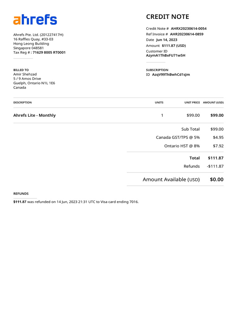 Ahrefs Credit Note and Refund Details | PDF | Sales | Taxation