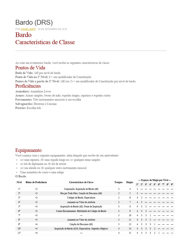Características da Classe Bardo em D&D 5E | PDF