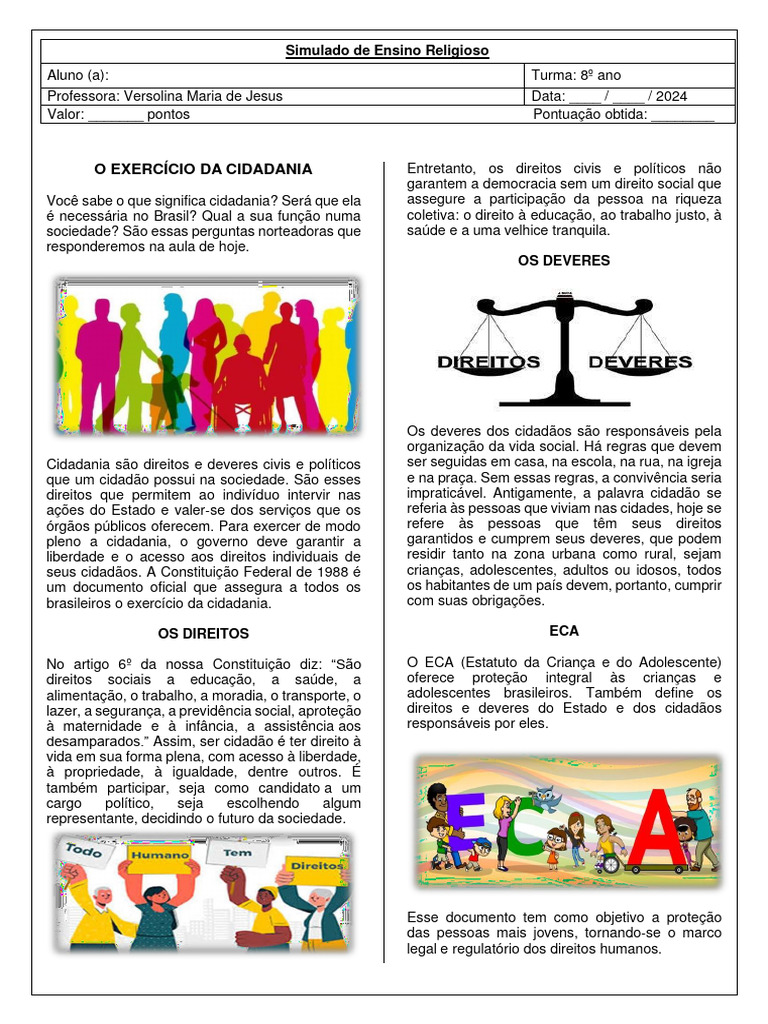 Simulado de Ensino Religioso - 8º Ano - Gabarito4 | PDF | Cidadania ...