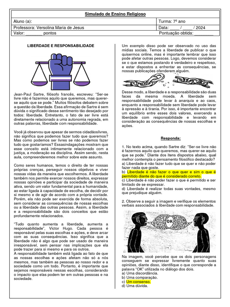 Simulado de Ensino Religioso - 7º Ano - Gabarito3 | Download grátis PDF ...