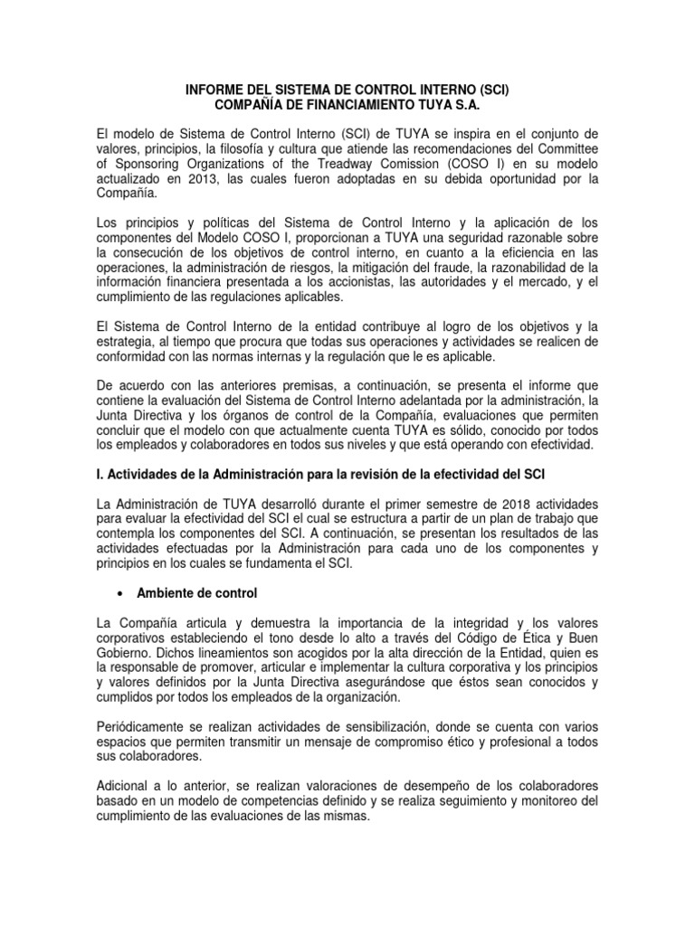 Informe Del Sistema de Control Interno - Primer Semestre 2018 | PDF ...