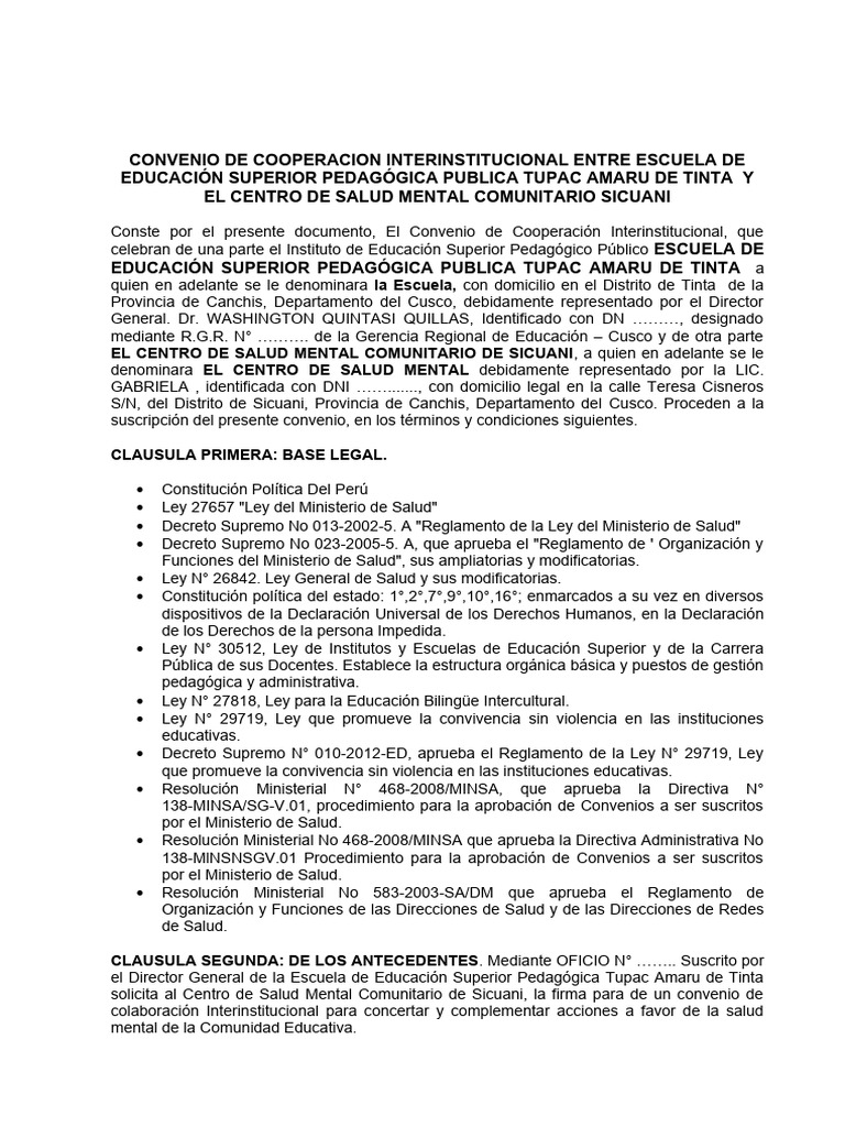 Convenio De Cooperacion Interinstitucional Entre La Csmc Eespp Tupac