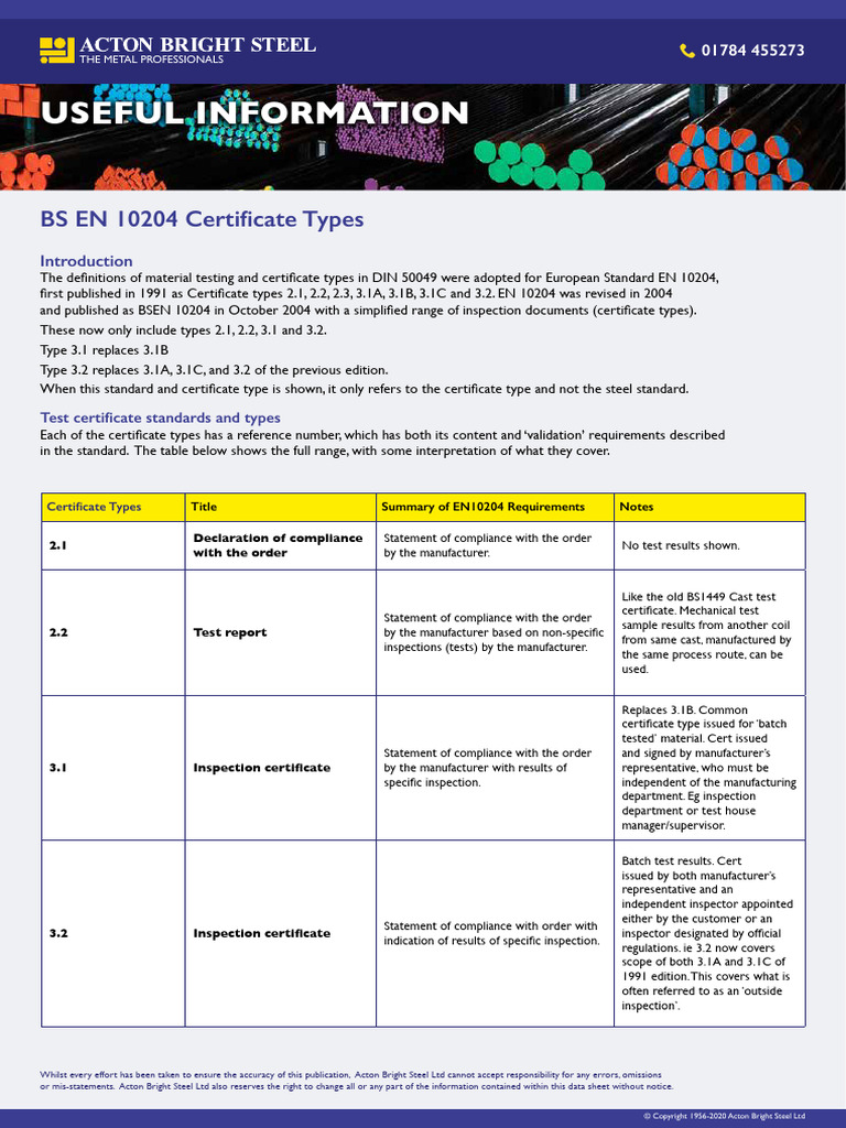 Bs en 10204 certificate types pdf regulatory compliance