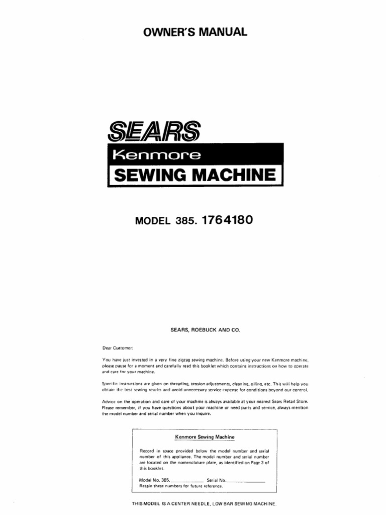 Kenmore Sewing Machine Manual Model 3851764180 PDF Sewing Machine