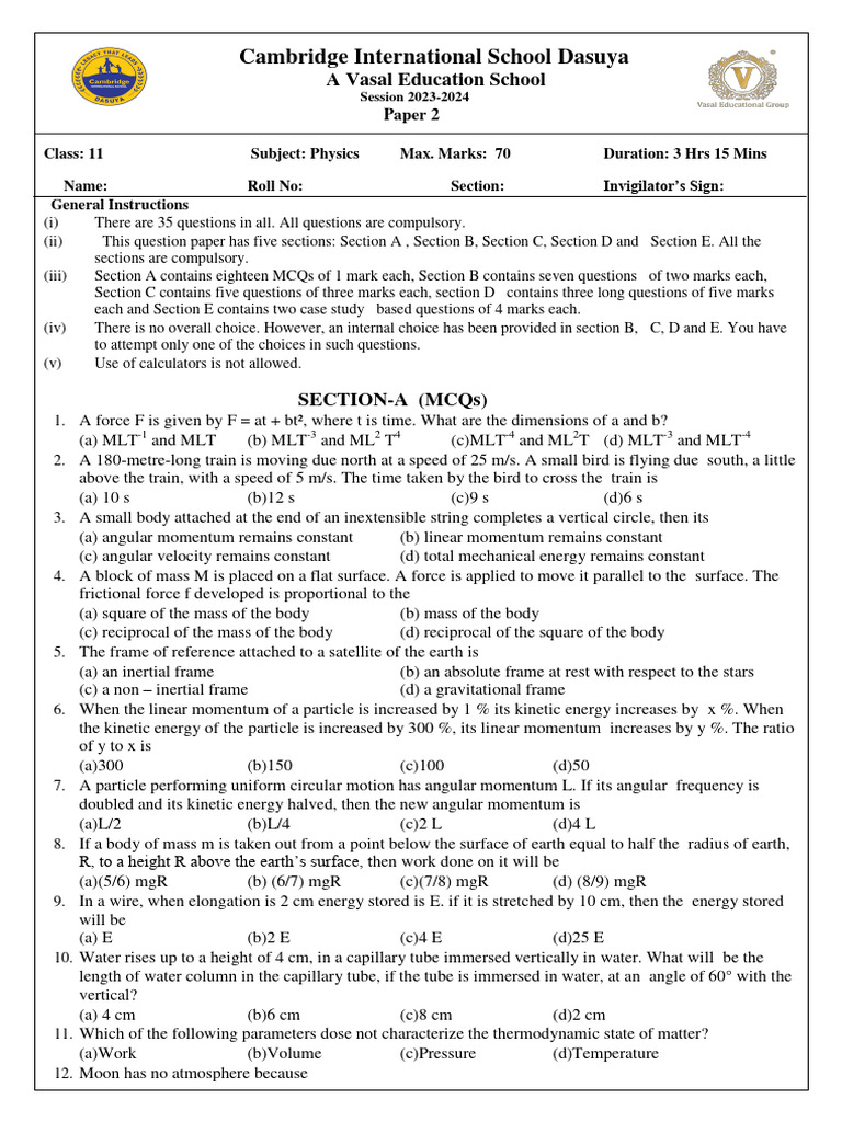 Class 11 Physics Exam Paper 2023-24 | PDF | Momentum | Force