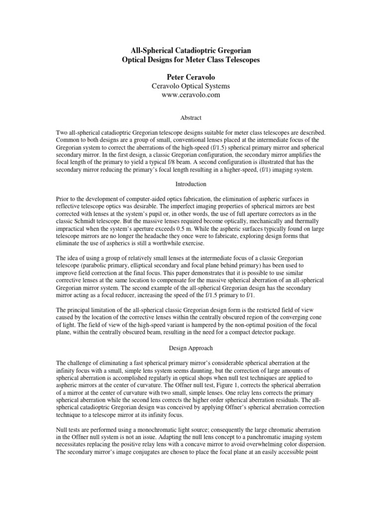 All-Spherical Catadioptric Gregorian Design | PDF | Mirror | Optics