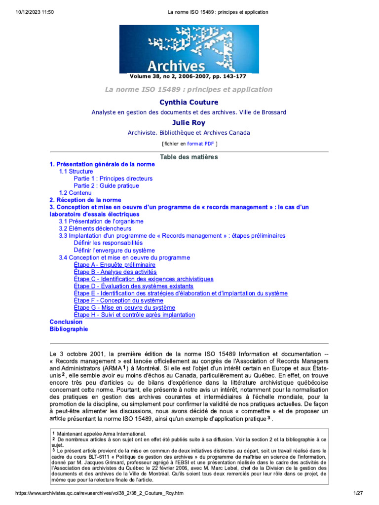 La Norme ISO 15489 Principes Et Application PDF