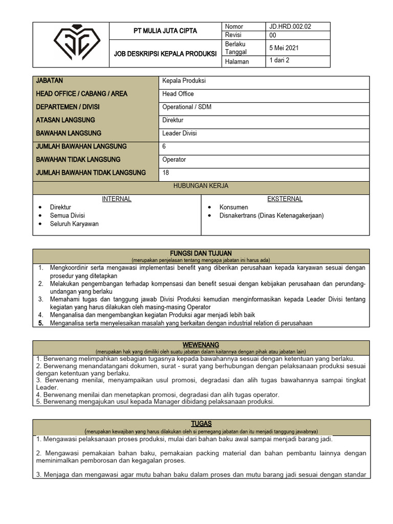 Job Deskripsi Kepala Produksi | PDF