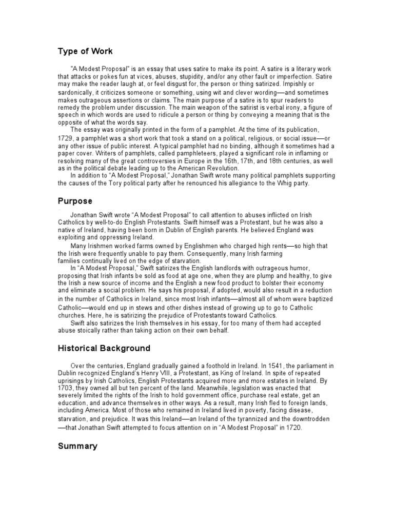 A Modest Proposal PDF Satire Jonathan Swift