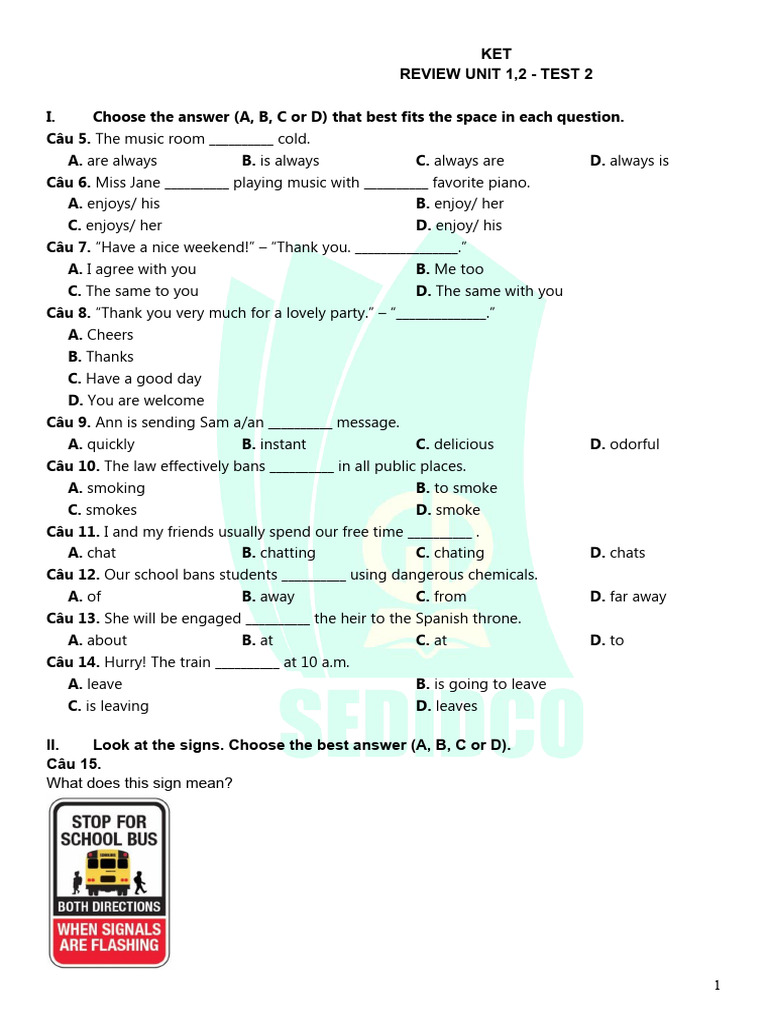 KET Review Unit 1-2 Test Questions | PDF | Elephant | Whales
