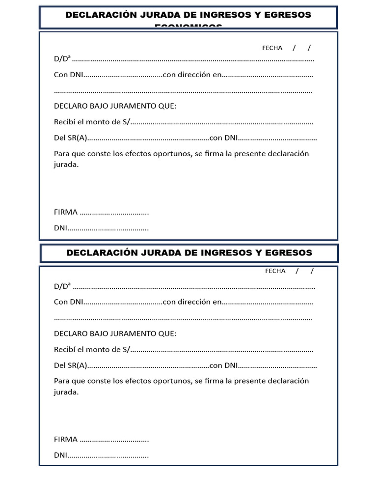 Declaración Jurada de Ingresos y Egresos Economicos | PDF