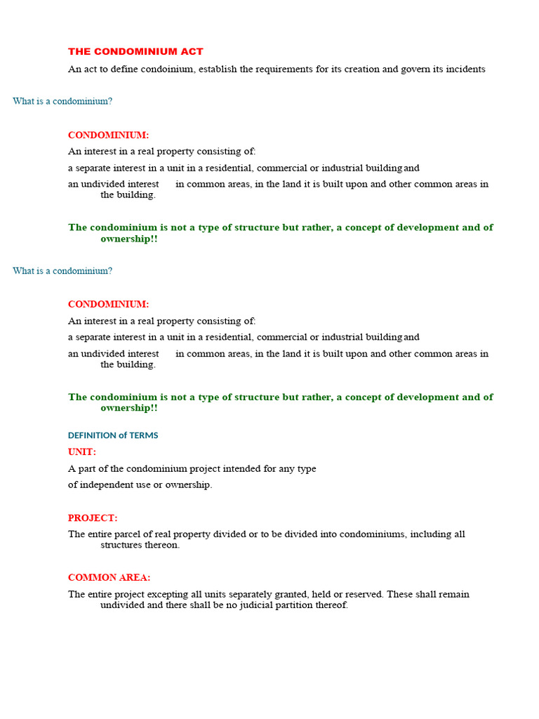 Condominium Act: Key Provisions & Terms | PDF | Condominium | Deed