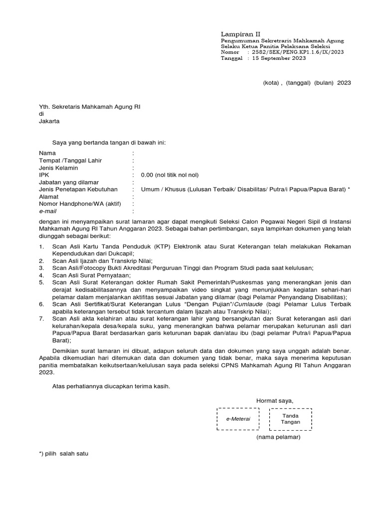 Surat lamaran cpns ma 2023 fix pdf