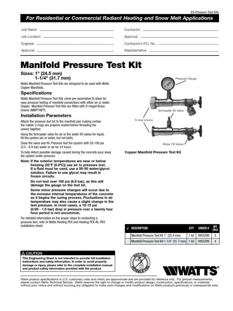 Manifold Pressure Test Kit For Residential or Commercial Radiant