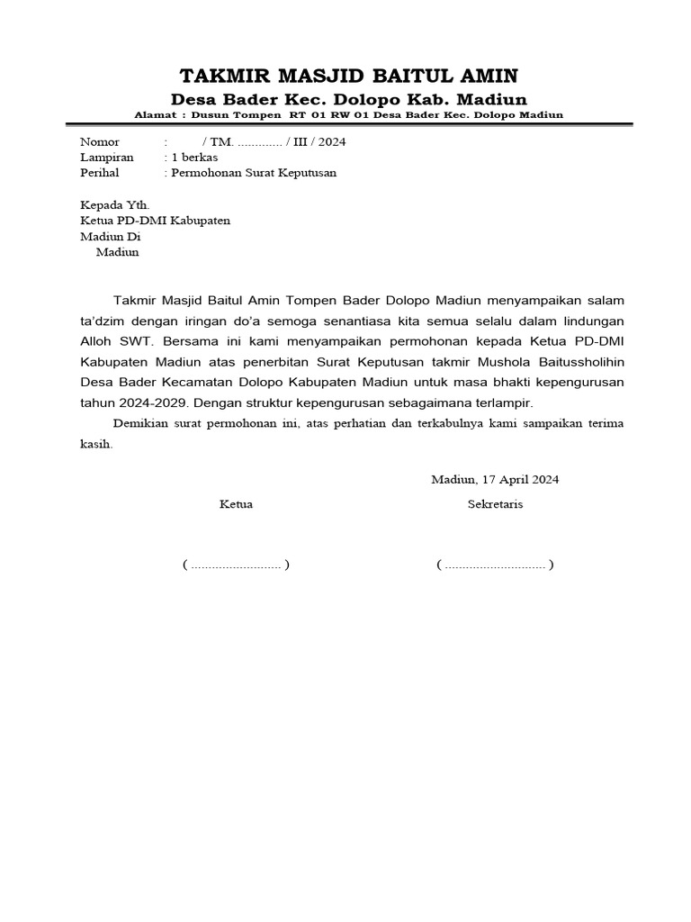 Permohonan Sk Takmir Masjid Pdf