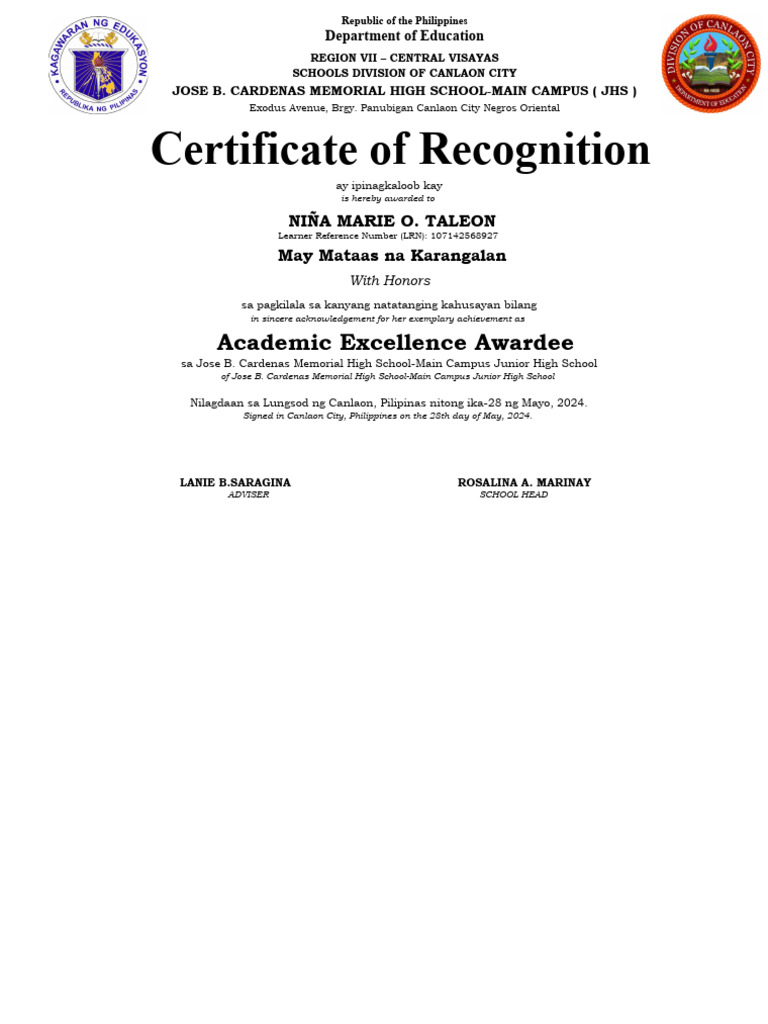 Academic Excellence Award Certificate | PDF