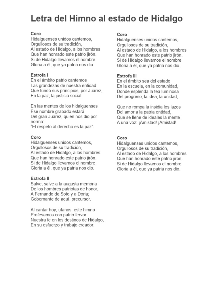 Letra del Himno al Estado de Hidalgo | PDF | Ciencias sociales ...