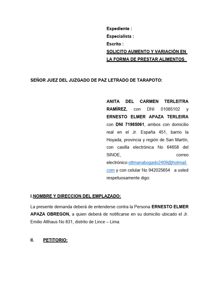 Solicitud de Aumento de Pensión Alimenticia | PDF | Pensión alimenticia