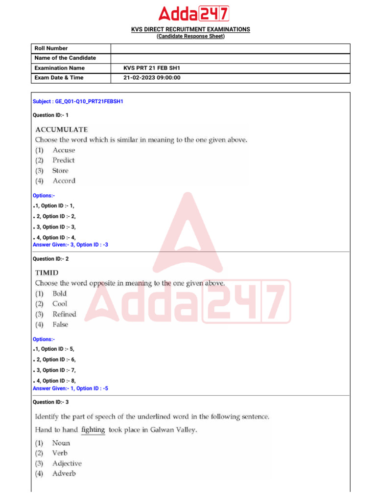 KVS PRT Exam Response Sheet 2023 | PDF | Qualifications | Student ...