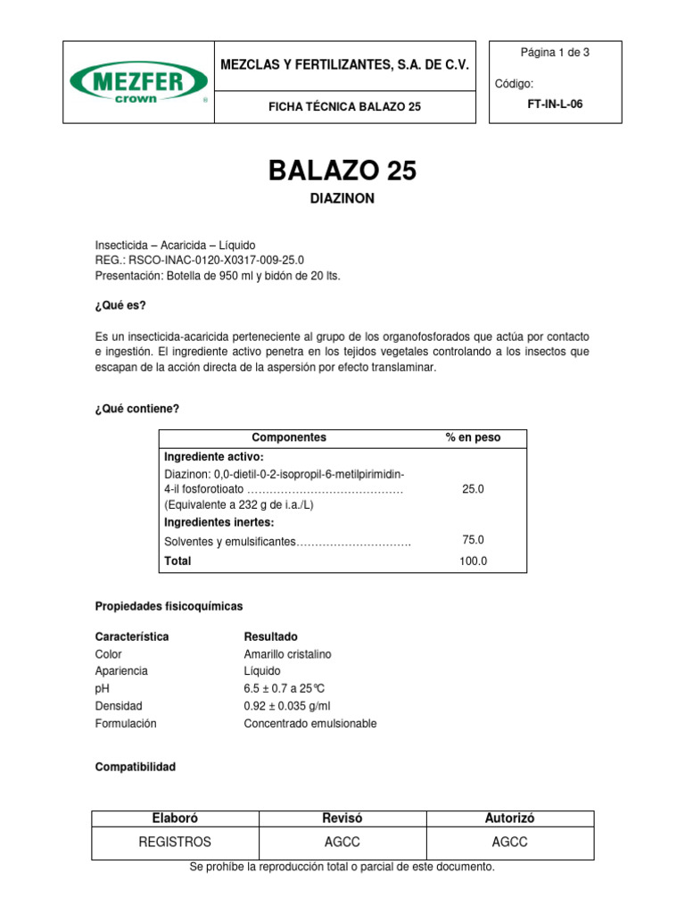 Ficha Técnica Insecticida Balazo 25 | PDF | Insectos y humanos | Insectos