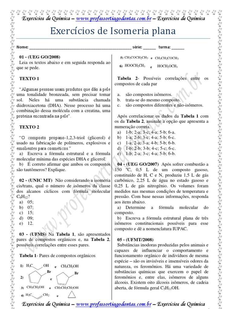 Exercícios sobre Isomeria Plana | PDF | Isômero | Carbono