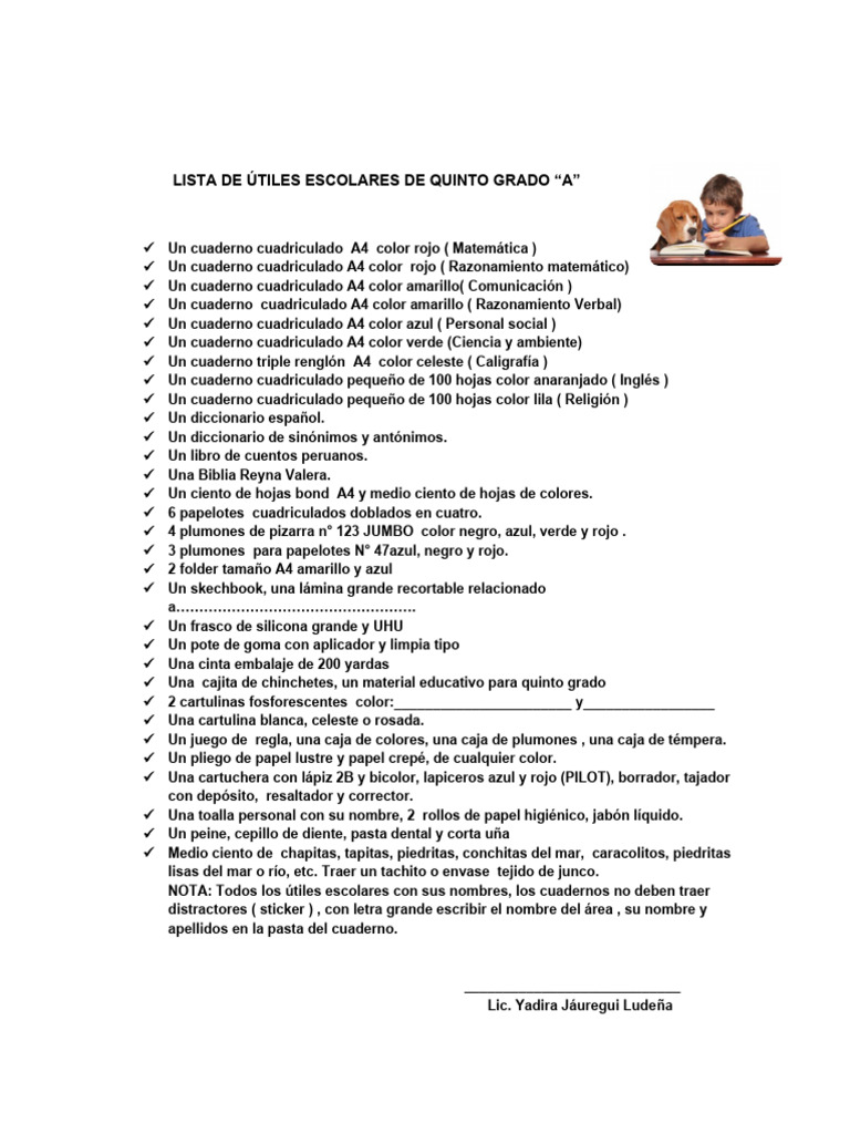 Lista de Útiles Quinto Grado 2025 | PDF