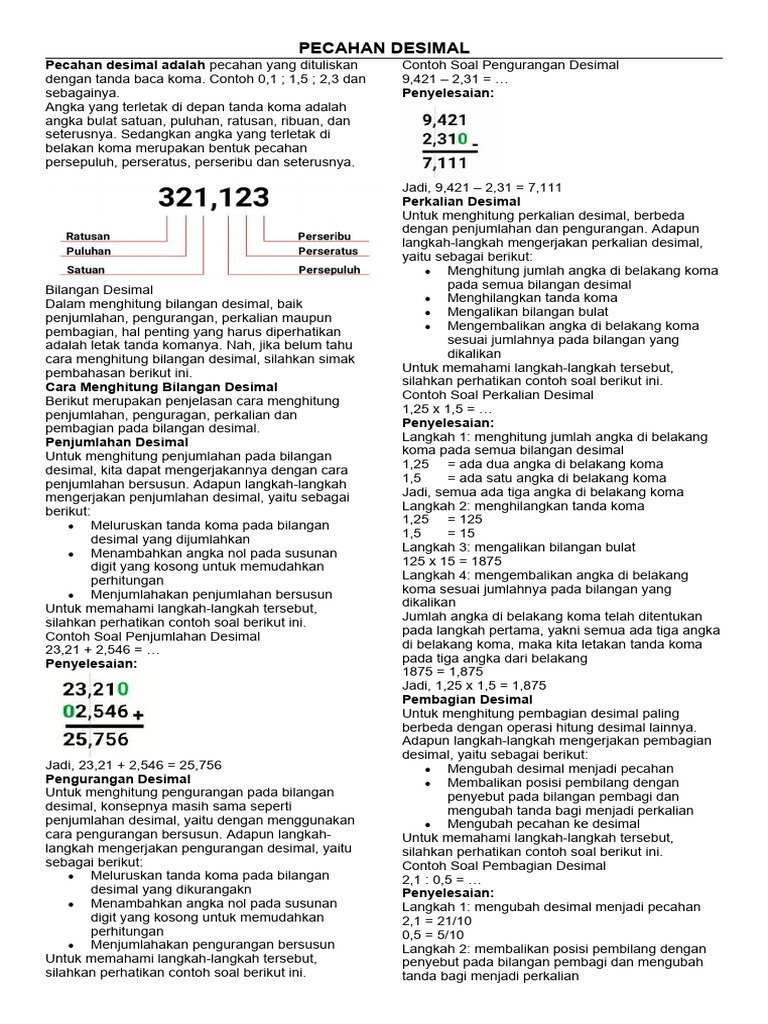Soal Pecahan Desimal Kelas 5 SD | PDF