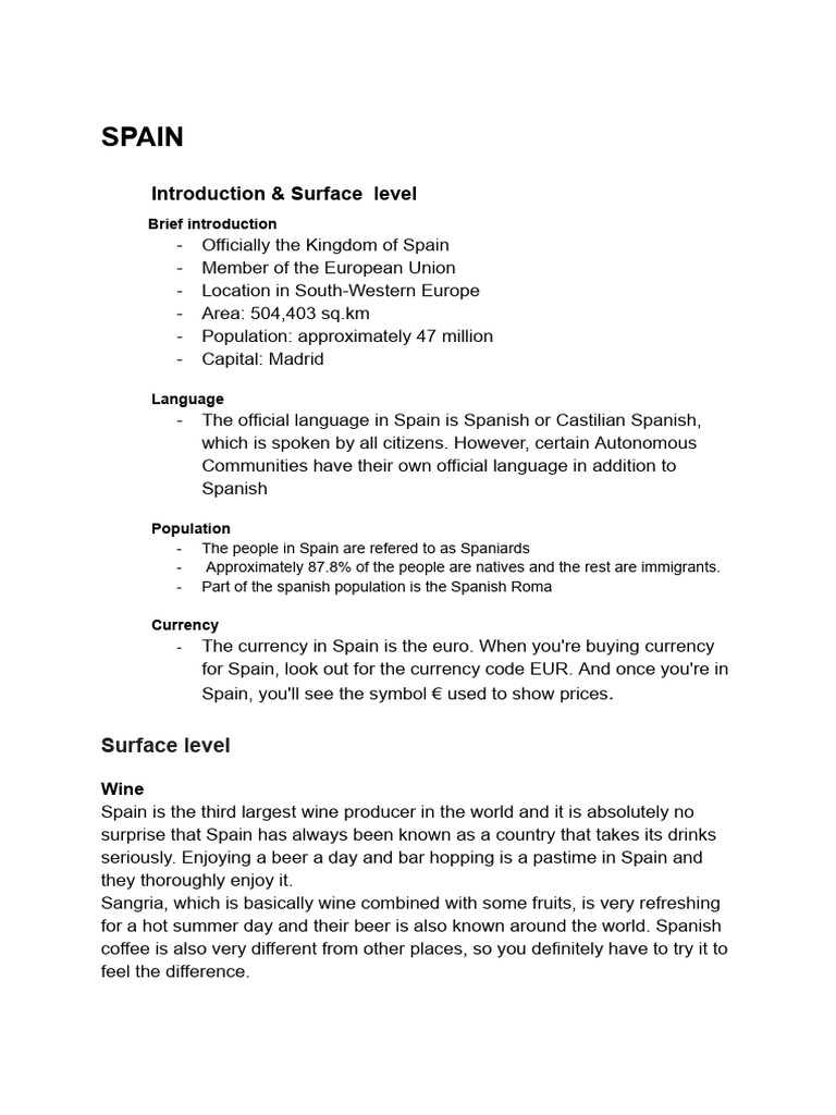 Spain: Introduction & Surface Level | PDF | Meal | Individualism