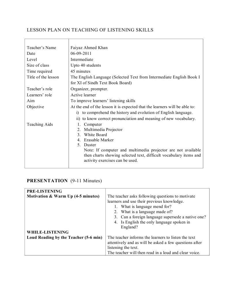 Lesson Plan on Teaching of Listening Skills Final