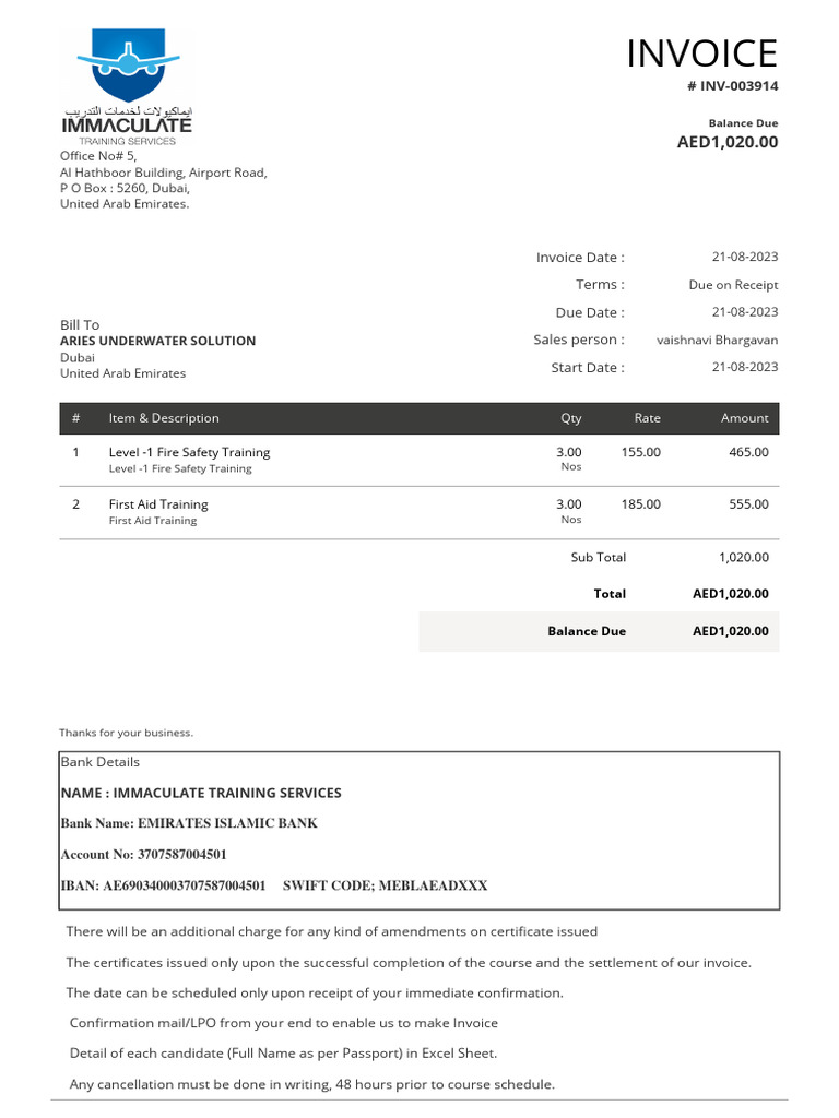 Invoice for Fire Safety Training Services | PDF | Cheque | Receipt