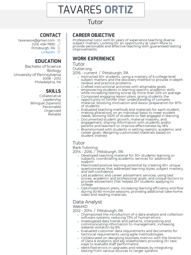 Tutor Resume Example | PDF | Lesson Plan | Learning
