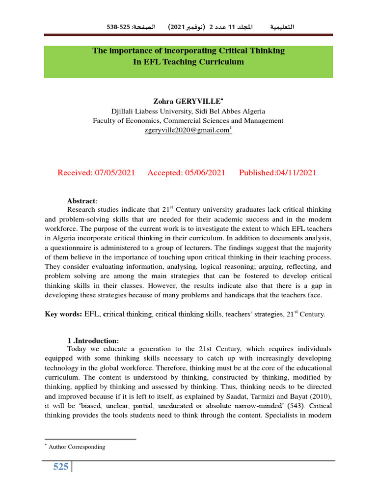 Critical Thinking in EFL Curriculum | PDF | Critical Thinking | Thought