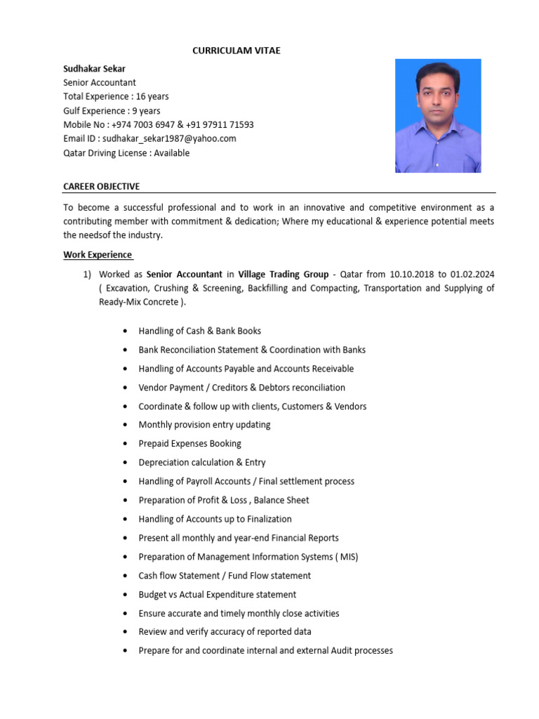 Senior Accountant CV of Sudhakar Sekar | PDF | Expense | Business