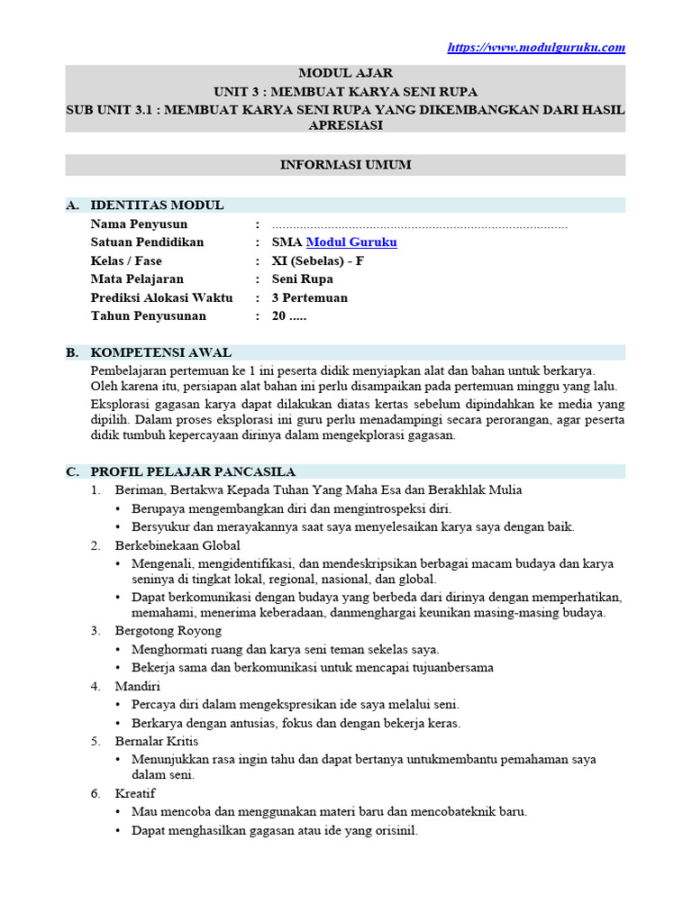 Modul Ajar Kelas Xi Sma Seni Rupa Fase F Unit 3 Pdf