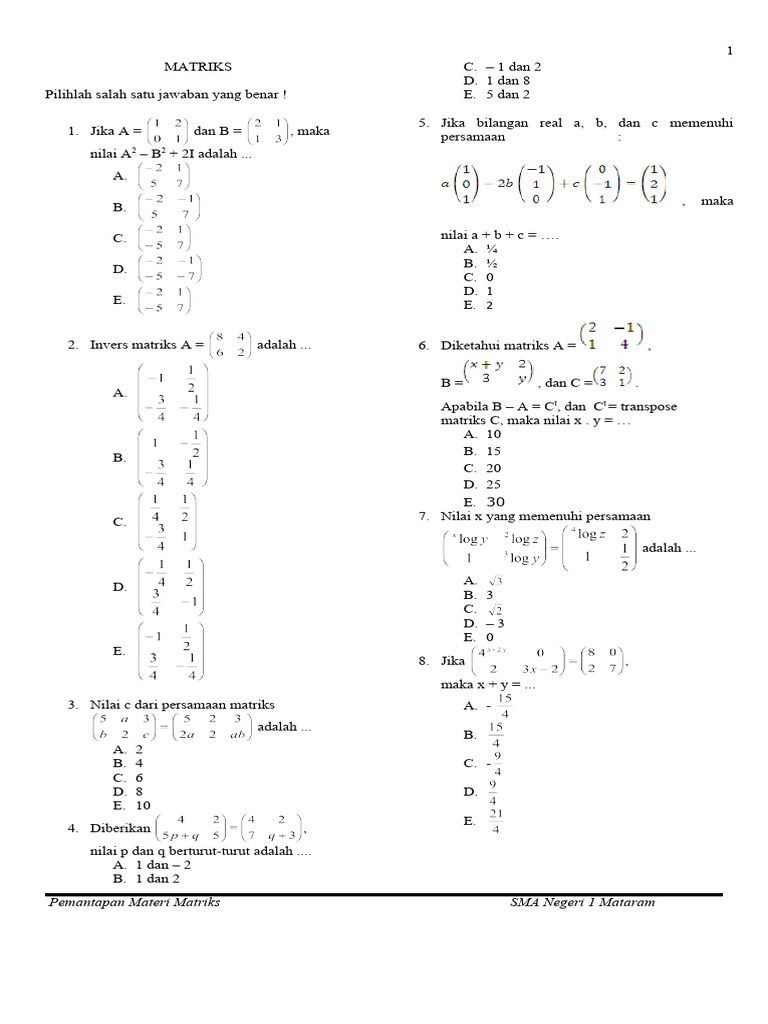Soal Matriks untuk SMA Mataram | PDF